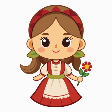 Geleneksel folklor kostümü giymiş genç bir kızın elinde neşeli bir ifadeyle tek bir kırmızı çiçek tutmasını tasvir eden sevimli bir çizgi film.