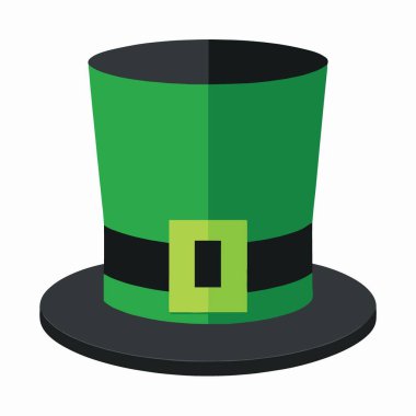 Siyah şeritli yeşil leprikon şapkalı ve beyaz arka planda izole edilmiş kare tokalı basit bir grafik çizimi.