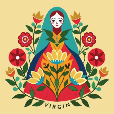 Tarzlı bir illüstrasyon çiçekli elementlerle süslenmiş bir kadın ve dingin ve dekoratif bir estetiği çağrıştıran bir gök mavisi şalı tasvir ediyor.