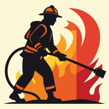 Bir itfaiyecinin silueti dramatik bir resimde hortumla büyük bir yangınla cesurca savaşıyor.