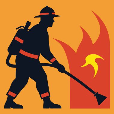 Canlı turuncu ve sarı bir alevle karşı karşıya olan bir itfaiyecinin silüeti kahramanlığın ve kurtarmanın klasik bir sembolü.