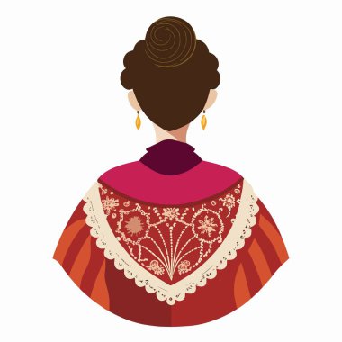 Detaylı bir illüstrasyonda arkadan görünüşlü bir kadın ayrıntılı bir saç stili ve geleneksel takılar sergiliyor.