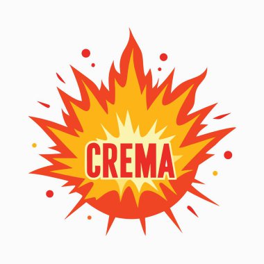 Canlı bir grafik çizimi, ateşli turuncu ve sarı alevlerle stilize edilmiş bir patlama tasvir ediyor ve krema kelimesi belirgin bir şekilde gösteriliyor.
