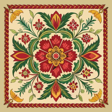 Canlı kırmızı çiçeklerden oluşan simetrik bir kare desen yeşil yapraklar ve ayrıntılı bir sınır içinde süslü sarı yapraklar.