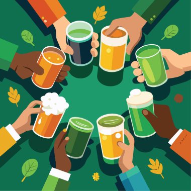 Renkli içeceklerle kadeh kaldıran çeşitli ellerin canlı görüntüsü dağınık sonbahar yaprakları ve neşeli bir atmosferle çevrili.