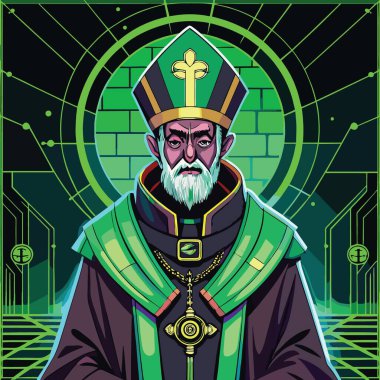 Geometrik yeşil ve altın arkaplana karşı dizilmiş piskopos şapkası ve cübbesi giyen Aziz Nicholas 'ın pikseli.