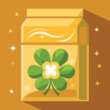 Canlı bir illüstrasyon, dört yapraklı yonca tasarımı sergilenen altın bir çanta tasvir ediyor neşeli ve şanslı bir estetik