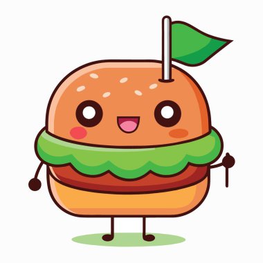 Üzerinde yeşil bir bayrak olan neşeli bir çizgi film hamburgeri. Kocaman gözleri ve beyaz arka planda küçük şirin kolları olan.