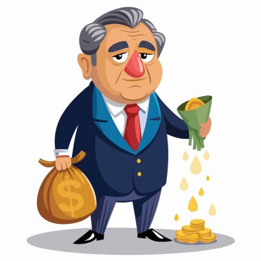 Kırmızı burunlu, hüzünlü bir karikatür işadamının para kaybettiği resmedildi.