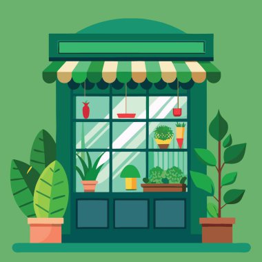 Etkileyici bir illüstrasyon, çeşitli saksı bitkileri ve yapraklarla dolu canlı yeşil bir mağaza vitrininin hoş bir karşılama sahnesi yarattığını gösteriyor.
