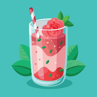 Çilek yaprakları ve çizgili kamışla süslenmiş uzun bir bardakta ferahlatıcı pembe bir içecek lezzetli görünüyor.