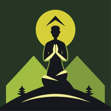 Yükselen güneş ve dağ manzarasından önce Lotus pozisyonunda meditasyon yapan bir kişinin silüeti.