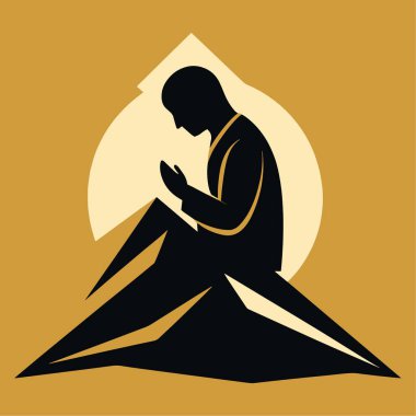 Elleri birbirine kenetlenmiş bir şekilde dua eden bir adamın silüeti. Altın soyut dağlık bir arka plana karşı kurulmuş.