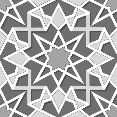 Gri ve beyaz tonlarında birbirine kenetlenmiş yıldızları içeren detaylı bir geometrik desen kusursuz bir tekrarlayan dizayn oluşturur.