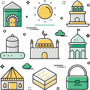 Canlı bir İslami mimari koleksiyonu ve düz renkli ve kaprisli grafik tasarım tarzıyla gösterilmiş kültürel semboller.