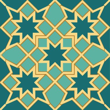 Deniz mavisi ve altın yıldızların oluşturduğu karmaşık geometrik desen pürüzsüz fayanslı arka plan tasarımı yüksek kalite