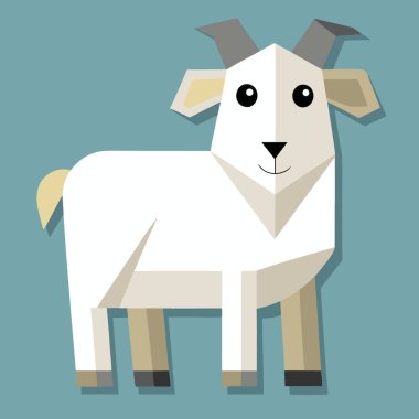 Büyüleyici bir tasvir, geometrik şekilli beyaz bir keçi ve çocukların çizimleri için mükemmel bir yüz ifadesi tasvir ediyor.