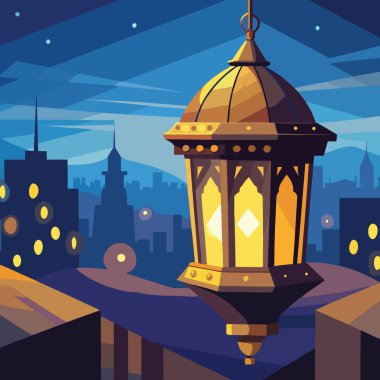 Aydınlatılmış bir süslemeli altın fener, yıldızlı bir gece gökyüzünün altında, siluetli bir şehir manzarasının üzerinde asılı duruyor ve büyülü bir ortam yaratıyor.