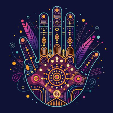 Canlı ve karmaşık bir şekilde tasarlanmış hamsa el çizimi geometrik desenler ve renkli elementler mistik ve koruyucu bir sembol oluşturur.