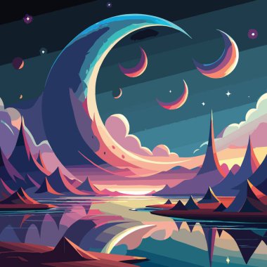 Canlı ve stilize bir illüstrasyon görkemli hilal şeklindeki bir ayın parlak tepeleri ve sularla dolu rüya gibi bir manzaraya hükmetmesini tasvir eder.