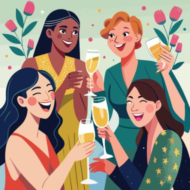 Canlı bir illüstrasyon, beş farklı kadının şampanyayla kadeh kaldırarak arkadaşlığı ve mutluluğu kutlamalarını tasvir ediyor.