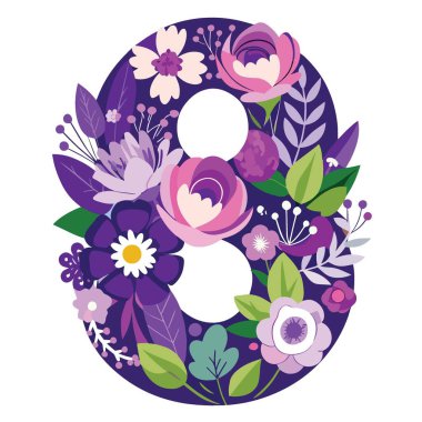 Çok güzel çizilmiş sekiz numara mor ve beyaz çiçeklerin ve yaprakların canlı bir düzeninden yaratıcılıkla şekillenmiştir.