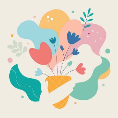 Bir vazo içinde renkli çiçek aranjmanlarını ve üst üste binen organik şekilleri gösteren soyut bir illüstrasyon.