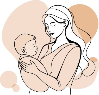 Nazik bir illüstrasyon, yeni doğmuş bebeğini sevgiyle kucaklayan bir anneyi tasvir eder.