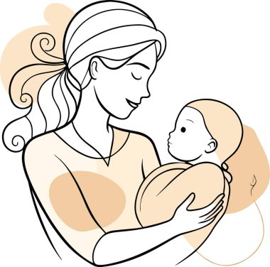 Yürek ısıtan bir illüstrasyon, bebeğini şefkatle kucaklayan bir anneyi beşikte güzel bir anne sevgisi ve bağ anı sergilerken tasvir eder.