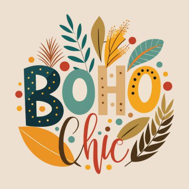 Canlı ve sanatsal bir illüstrasyonda renkli yapraklar ve şık bir tasarım olan botanik elementlerle çevrili 