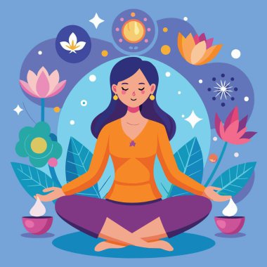 Nilüfer çiçekleri ve kutsal unsurların arasında meditasyon yapan bir kadının huzur ve sükunet içinde yaşayışını anlatan sakin bir tasvir.