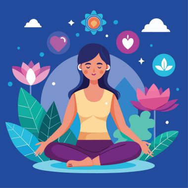 Huzurlu bir illüstrasyonda, nilüfer çiçekleri ve sakinleştirici sembollerle çevrili huzurlu bir ortamda meditasyon yapan bir kadın tasvir ediliyor.