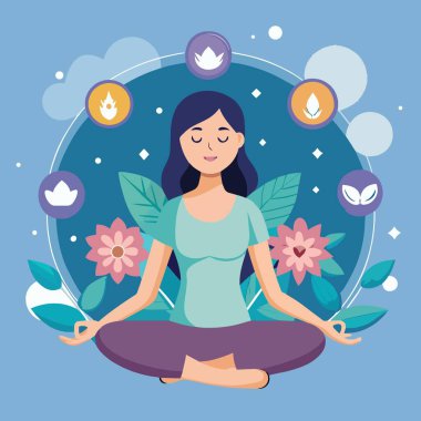 Huzurlu bir kadın, çiçek elementleri ve barış ve sükunetin parıldayan sembolleriyle çevrili farkındalık ve meditasyon yapar.