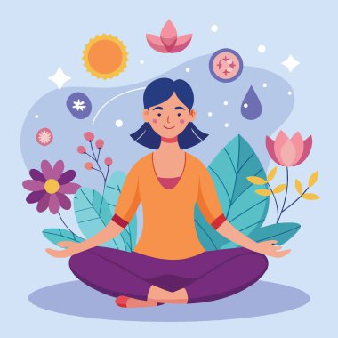 Huzurlu bir kadın, çiçek elementleri arasında düşünceli meditasyon yapar. Güneş ışığı ve huzur ve sükunetin doğal sembolleri arasında.