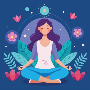 Huzurlu bir illüstrasyon, çiçekli elementler ve rahatlatıcı ruhani bir atmosferle çevrili meditasyon yapan bir kadını tasvir eder.