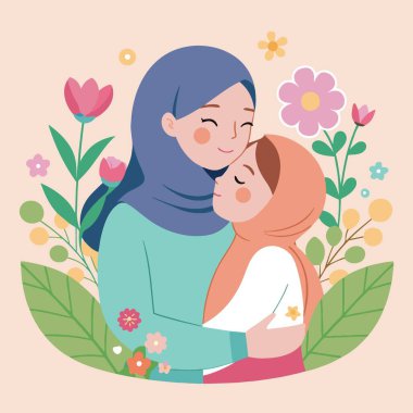 Yürek ısıtan bir illüstrasyon, canlı çiçekler ve yemyeşil çiçeklerle çevrili şefkatli bir kucaklaşmayı paylaşan bir anne ve kızı tasvir ediyor.