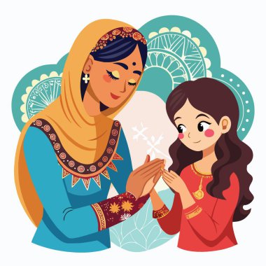 Yürek ısıtan bir illüstrasyon, bir anne ve kızı, kına ve kültür geleneklerini sergilerken hassas bir anı paylaşırken resmediyor.