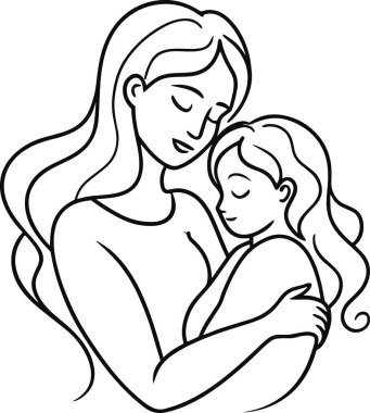 Basit bir çizgide yakalanan hassas bir an. Anne sevgiyle kucağında uyuyan çocuğunu sallarken aile bağlarını gösteriyor.