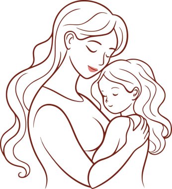Şefkatli bir illüstrasyon, bir annenin çocuğunu sevgi dolu bir şekilde kucaklamasını tasvir eder.