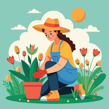 Hasır şapkalı neşeli bir kadın diz çöker ve dikkatlice bahçedeki çiçeklere bakar.