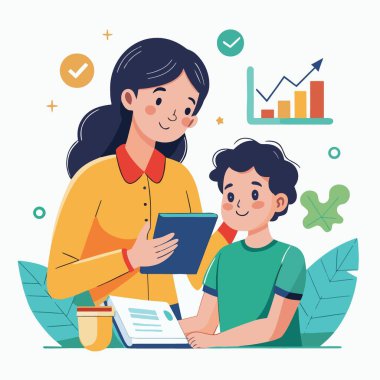 Bir anne ve oğul, okul ödevi veya öğrenme süreciyle ilgili olabilecek bir tablet hakkındaki bilgileri işbirliği içinde gözden geçiriyorlar.