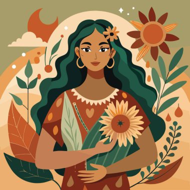 Güzel bir illüstrasyon, elinde ayçiçekleri tutan genç bir kadını tasvir ediyor. Sıcak bir kaprisle kucaklanıyor ve doğa sanatsal tasarıma ilham veriyor.
