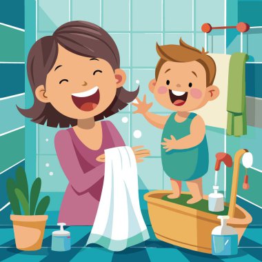 Neşeli bir anne ve küçük oğlu, parlak renkli bir banyo ortamında neşeli bir anı paylaşıyorlar.