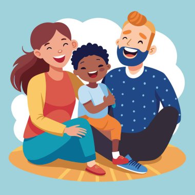 Neşeli bir aile portresi, çeşitli grupların, hamile bir anne ve oğluyla birlikte mutlu bir şekilde kucaklaşmalarını gösteriyor.