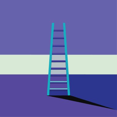 Bir minimalist illüstrasyon, mor ve soluk yeşil bir duvara yaslanmış, çarpıcı bir görsel karşıtlık yaratan bir merdiven tasvir eder.