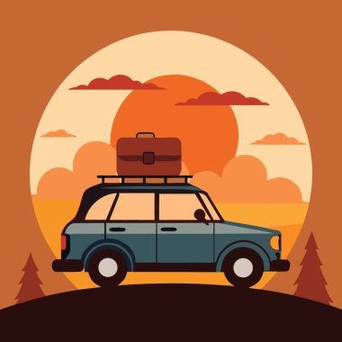 Çatı rafına bağlı kahverengi bavulu olan klasik bir mavi steyşın araba renkli bir günbatımı manzarasına doğru yol alır.