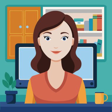 Kahverengi saçlı neşeli genç bir kadın bilgisayarın önünde oturuyor ve rahat bir oda ortamında sanal bir etkileşime giriyor.