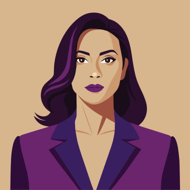 Tarzlı bir portre, uzun siyah dalgalı saçlı, mor bir ceket giyen ve arkaplanda aynı ruju taşıyan bir kadın tasvir ediyor.