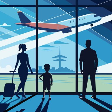 Bir aile havaalanı penceresinden dışarı bakar ve uçağın mavi gökyüzüne doğru kalkışını izler.