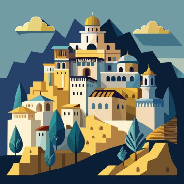 Resimli bir illüstrasyon, karanlık dağların ve kabarık bulutların arasına yerleştirilmiş altın kubbeleri olan beyaz bir tepe kasabasını tasvir ediyor.